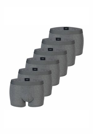 Sechs Paar graue Herrenboxershorts mit einem dunkelgrauen Bund, jeweils mit dem Markennamen "JOOP!" in Schwarz und Grau beschriftet.