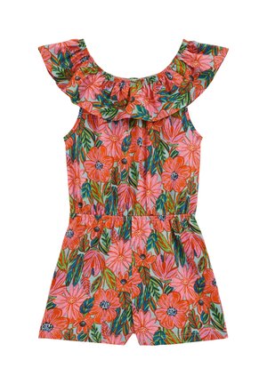 Tuta senza maniche con fiori rosa e arancioni, foglie verdi e collo arricciato.