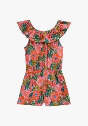 Ujjatlan virágos overall rózsaszín és narancssárga virágokkal, zöld levelekkel és fodros nyakkivágással.