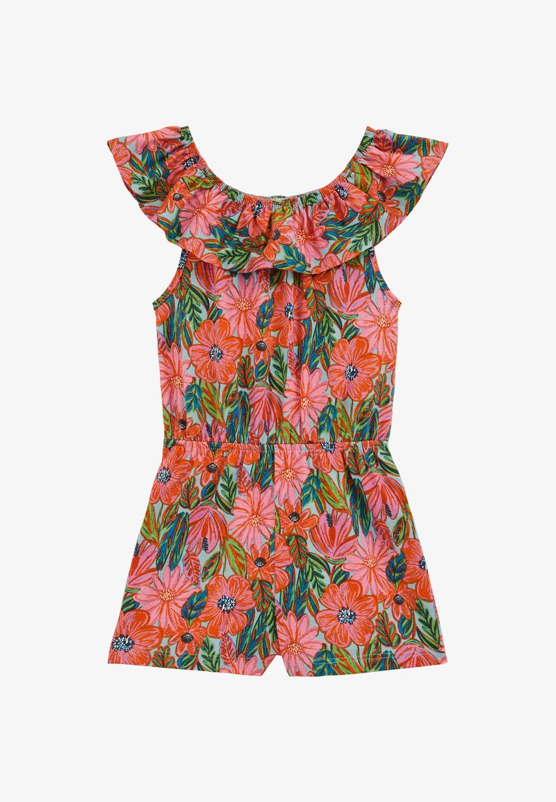 Combinaison courte sans manches à fleurs roses et orange avec des feuilles vertes et un col à volants.