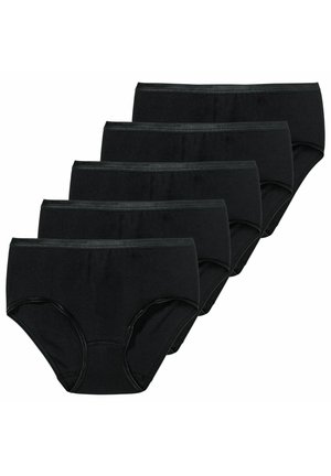 Fünf Paar schwarze Baumwoll-Slips mit glatter Textur, ausgestattet mit einem elastischen Bund und einem klassischen, vollflächigen Design.