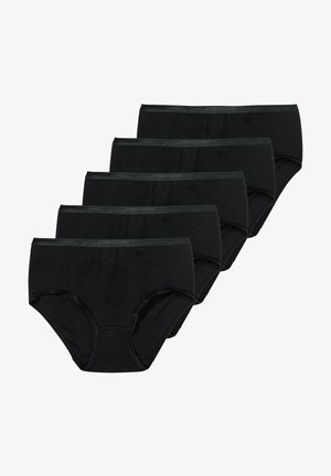 Fünf Paar schwarze Baumwoll-Slips mit glatter Textur, ausgestattet mit einem elastischen Bund und einem klassischen, vollflächigen Design.