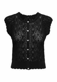 Cardigan noir à manches courtes avec un motif de dentelle tricotée, présentant un col rond et cinq boutons sur le devant. Détails de bordure festonnée.