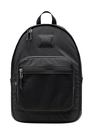 Sac à dos Herschel noir avec poche avant en mesh zippée, deux tirettes sur le compartiment principal et poignée de transport supérieure.