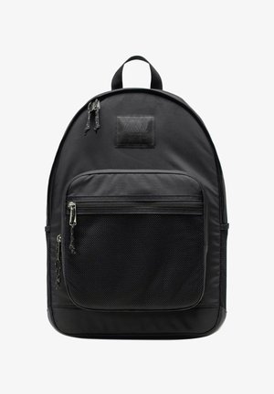 Sac à dos Herschel noir avec poche avant en mesh zippée, deux tirettes sur le compartiment principal et poignée de transport supérieure.