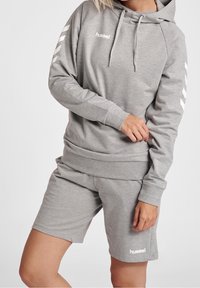 Ensemble sweat à capuche gris et short en coton doux. Capuche munie de cordons de serrage. Logo blanc et rayures diagonales sur les manches. Design simple et décontracté.