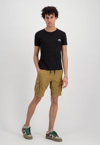 Crna majica kratkih rukava s malim logotipom, uparena s khaki cargo kratkim hlačama s bočnim džepovima. Sivi i zeleni tenisice upotpunjuju odijelo.