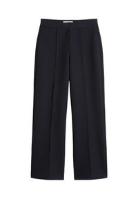 Navy blue spodnie szerokie wykonane z gładkiego materiału, z dwoma fałdami z przodu i prostym paskiem w talii, bez widocznych kieszeni i ozdób.