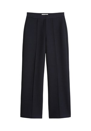 Navyblauwe wijde broek van gladde stof, met twee plooien aan de voorkant en een nette tailleband, zonder zichtbare zakken of versieringen.