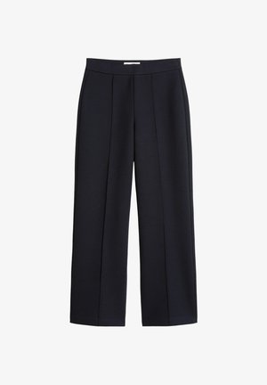 Marineblaue weite Hosen aus glattem Stoff, mit zwei vorderen Falten und einem schlichten Bund, ohne sichtbare Taschen oder Verzierungen.