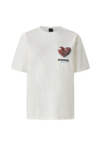 Bijela pamučna majica s grafikom crvenog srca na lijevoj strani prsnog koša i natpisom "PINKO SURREAL LOVE" u crnom ispod srca.