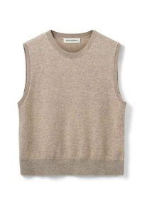 Beige ærmeløs sweater lavet af blødt strikket stof. Rund hals, ribbet kant ved ærmegabene og nederste kant. Enkel, afslappet design.