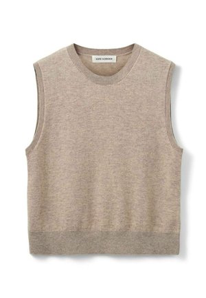 Beige ärmlös tröja gjord av mjukt stickat tyg. Rund halsringning, ribbad kant vid ärmhålen och nederkanten. Enkel, avslappnad design.
