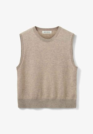 Beige ilma varrukatega soe kampsun, valmistatud pehmest kudumifliisist. Ümar kaelus, soonikkoes ääris käeaukudel ja alläärel. Lihtne, mugav disain.