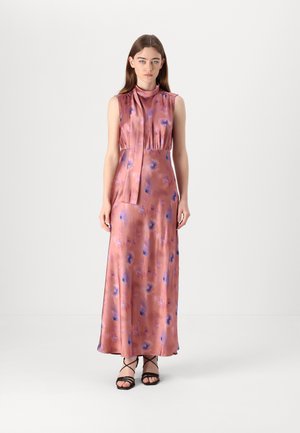 Long, sleeveless dress in light pink satin with blue floral patterns, featuring a high neckline and a waist tie, flowing to the floor.