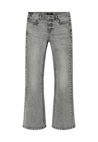 Jeans a zampa d'elefante in denim grigio con un lavaggio sbiadito, cinque tasche e zip frontale. Cuciture distintive lungo le cuciture, texture morbida.