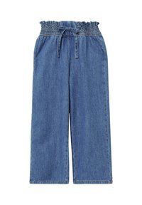 Culottes à cordon de serrage en denim bleu moyen, dotés d'une taille smockée et d'un design à jambes larges, avec une texture lisse et des coutures minimales.