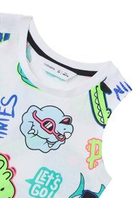 Canottiera bianca in cotone con grafica a cartone animato colorata, compresi un fantasma, dinosaurie e testo. Presenta un colletto rotondo e un design senza maniche.