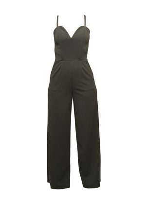 Olivengrøn jumpsuit med et tætsiddende liv, V-hals, justerbare stropper og vide bukser lavet af et glat stof.