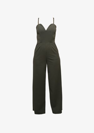 Olive green jumpsuit with a fitted bodice, V-neckline, adjustable straps, and wide-leg trousers made from a smooth fabric.