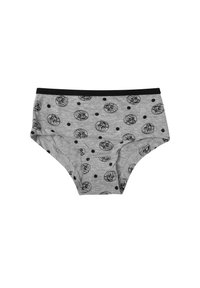 Slip grigio in cotone con vita nera, caratterizzato da un motivo di forme circolari e pois, che raffigura personaggi dei cartoni animati in nero.