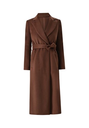 Cappotto di lana marrone con maniche lunghe, ampi rever e una cintura coordinata, con texture liscia e design di lunghezza media.