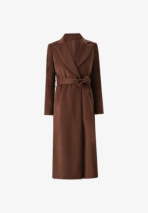 Bruine wollen jas met lange mouwen, diepe kleppen en een bijpassende riem, met een gladde textuur en een middellange snit.
