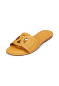 Yellow slip-on sandals with an open toe and circular cutouts in the straps, featuring a smooth finish and a light brown sole.