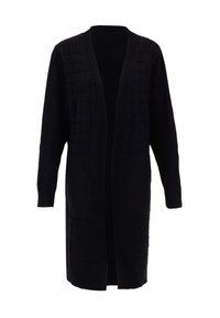 Cardigan nero con un motivo a griglia testurizzato, apertura frontale, maniche lunghe e dettagli a coste lungo il colletto e i polsini. Materiale morbido.