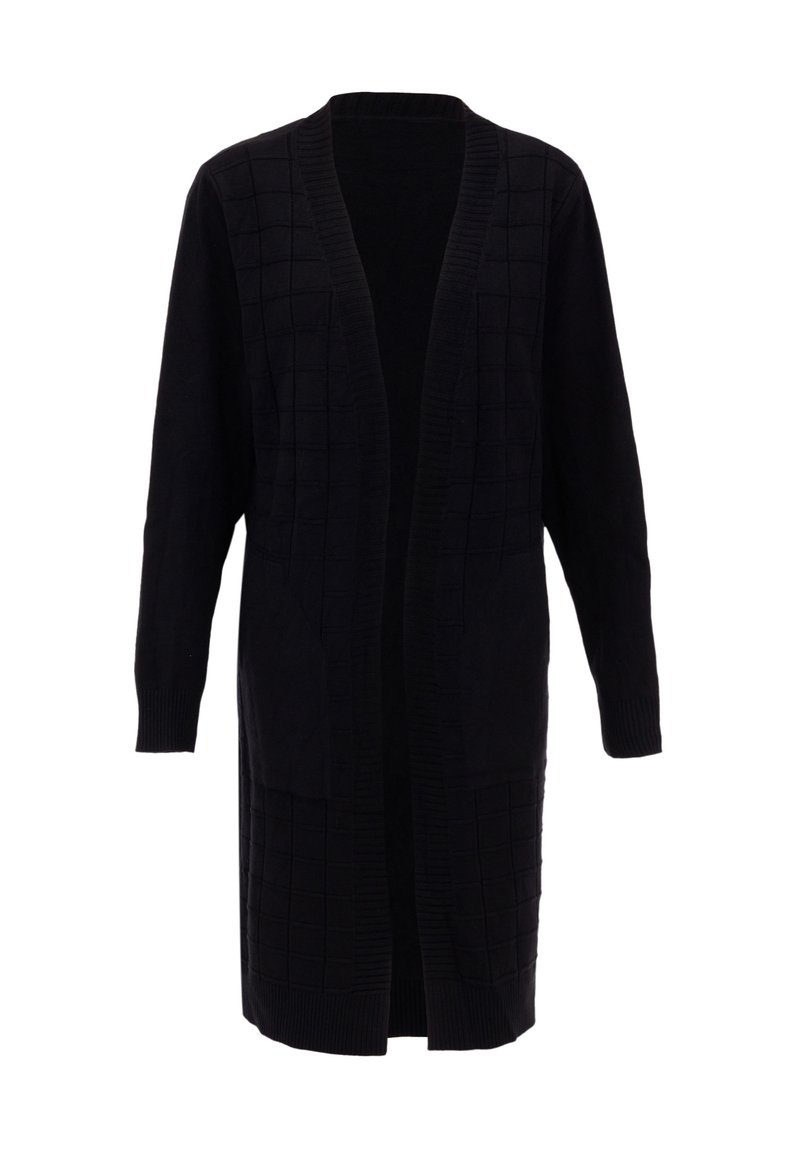 Cardigan nero con un motivo a griglia testurizzato, apertura frontale, maniche lunghe e dettagli a coste lungo il colletto e i polsini. Materiale morbido.