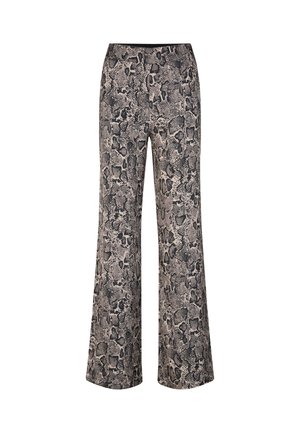 Wijd broek gemaakt van stof met een zwart en beige slangenprint patroon. Voorzien van een soepele tailleband en een zachte, gestructureerde afwerking.
