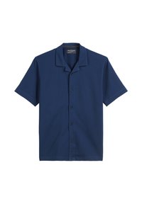 Korte mouwen marineblauw button-up shirt met een camp collar en textuurstof.