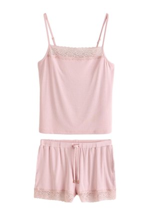 Hellrosa Damen-Pyjama-Set mit Spaghetti-Träger-Top und Shorts mit Kordelzug, beide mit Spitzenbesatz.