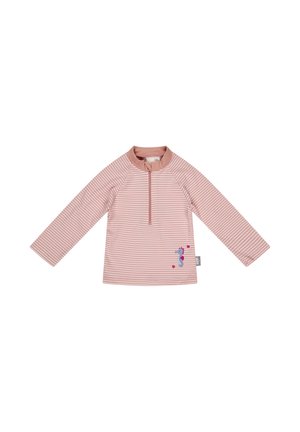 Langärmeliges Kleinkind-Shirt mit pink-weiß gestreiftem Muster, halbem Reißverschluss am Kragen und einem kleinen Seepferdchen- und Herzmotiv an der unteren Seite.