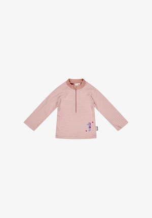 Pink and white striped long-sleeve toddler shirt with a half-zip collar and a small seahorse and heart design on the lower side.