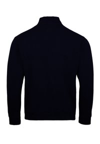 Marineblå zip-up sweatshirt med høj krave, lange ærmer samt ribbet kant ved ærmer og nederst. Glat stofstruktur uden synlige mønstre.