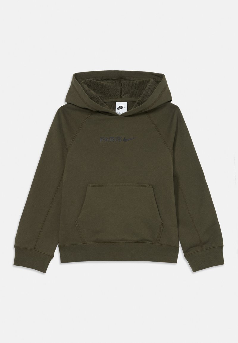 Sudadera color verde oliva de tejido suave, con un bolsillo tipo canguro, capucha con cordones y el texto impreso "PARÍS" junto con el logo de Nike en la parte frontal.