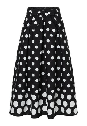 Jupe midi noire à grands pois blancs, design plissé, taille élastique et un nœud assorti à l'avant.