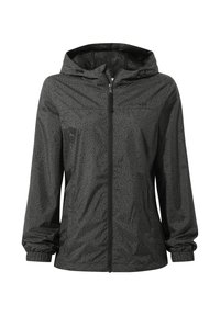 Black, lightweight jacket with a hood, featuring a textured print and elastic cuffs. Front zip closure and mesh lining for breathability.