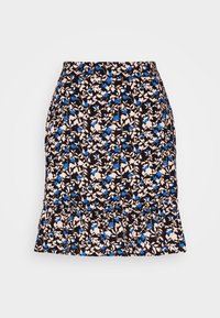 Gonna floreale con sfondo nero, fiori blu e crema, orlo con volant e vita elastica. Realizzata in tessuto leggero.