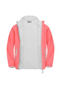 Giacca corallo con interno grigio, caratterizzata da maniche lunghe, chiusura con zip e tasche laterali. Tessuto liscio con un design leggero.