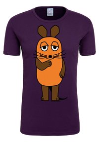 Purple short-sleeve t-shirt features a cartoon character with an orange body, brown ears, and whiskers, designed with a playful expression.