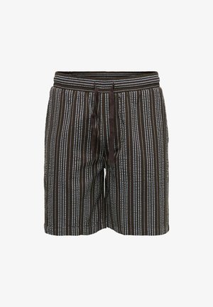 Braune Shorts mit weißen vertikalen Streifen, elastischem Bund und vorderem Kordelzug.