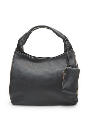 Black leather handbag with a smooth texture, rounded shape, a braided handle, and a small zippered pouch attached. Gold hardware accents.
