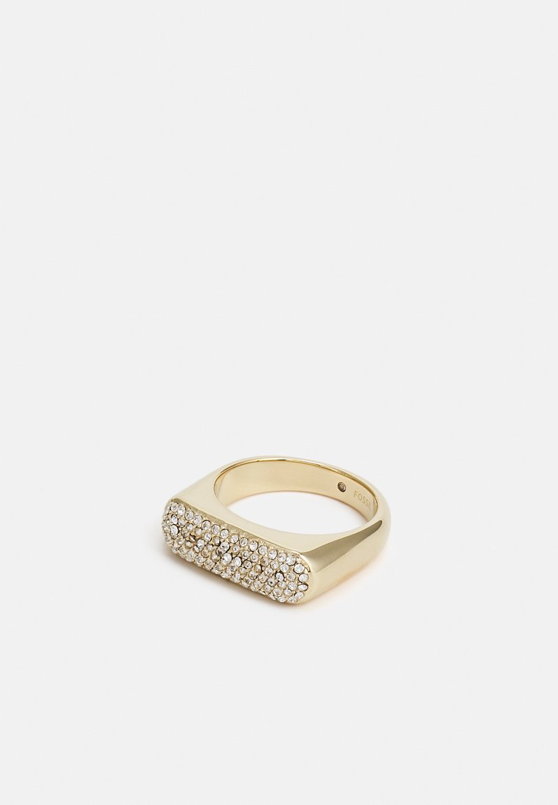 Gold-tone ring with a rectangular top featuring multiple clear crystals, smooth rounded band, and polished finish.