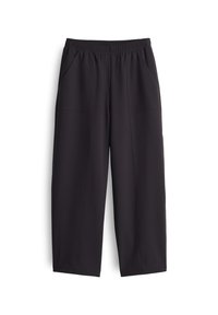 Black, wide-leg pants made of smooth fabric. Features an elastic waistband and two side pockets, with visible stitching details.
