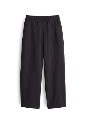 Black, wide-leg pants made of smooth fabric. Features an elastic waistband and two side pockets, with visible stitching details.