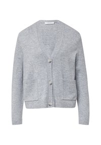 Hellgrauer Cardigan aus weichem Strickmaterial, mit V-Ausschnitt, fünf Knöpfen und zwei vorderen Taschen für zusätzliche Details.