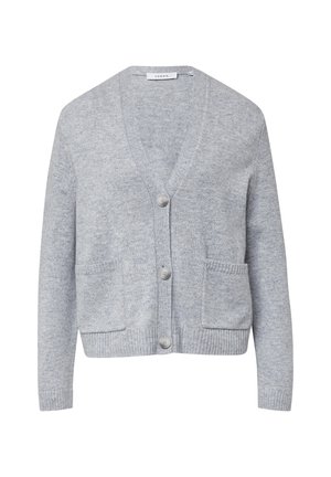 Hellgrauer Cardigan aus weichem Strickmaterial, mit V-Ausschnitt, fünf Knöpfen und zwei vorderen Taschen für zusätzliche Details.