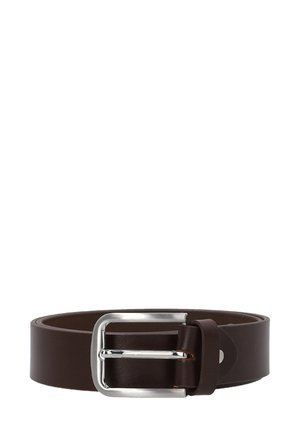 Brown leather belt with a shiny silver rectangular buckle, featuring a smooth texture and a simple design, suitable for various outfits.